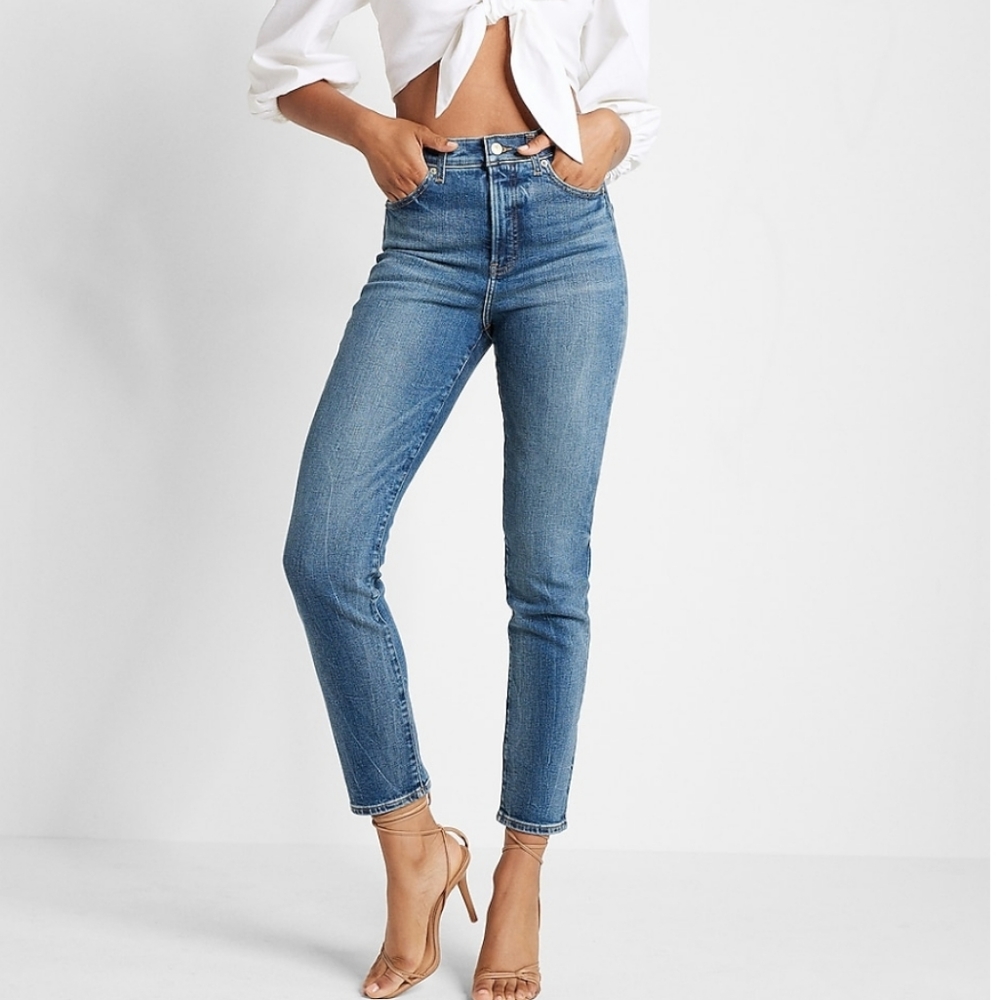 Express Jeans Super High Waisted Medium Wash Slim Jeans